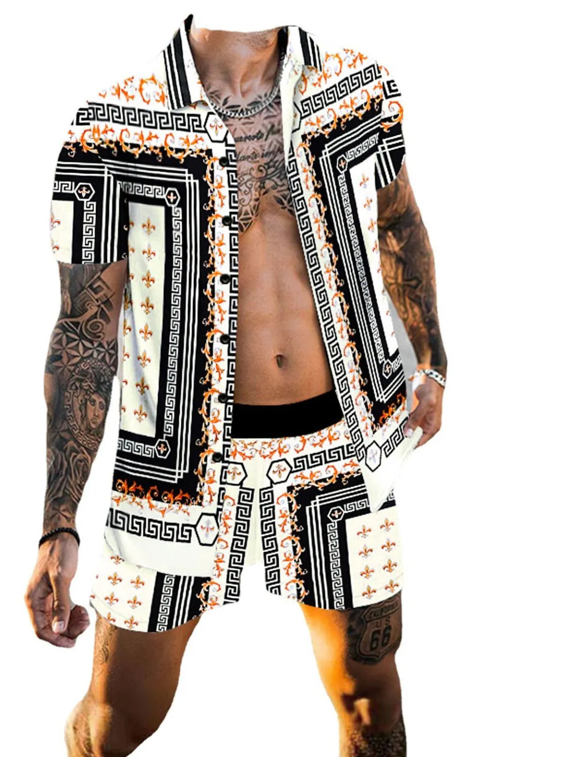 Model wearing white, black and orange geometric-print shirt and shorts