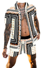 Model wearing white, black and orange geometric-print shirt and shorts