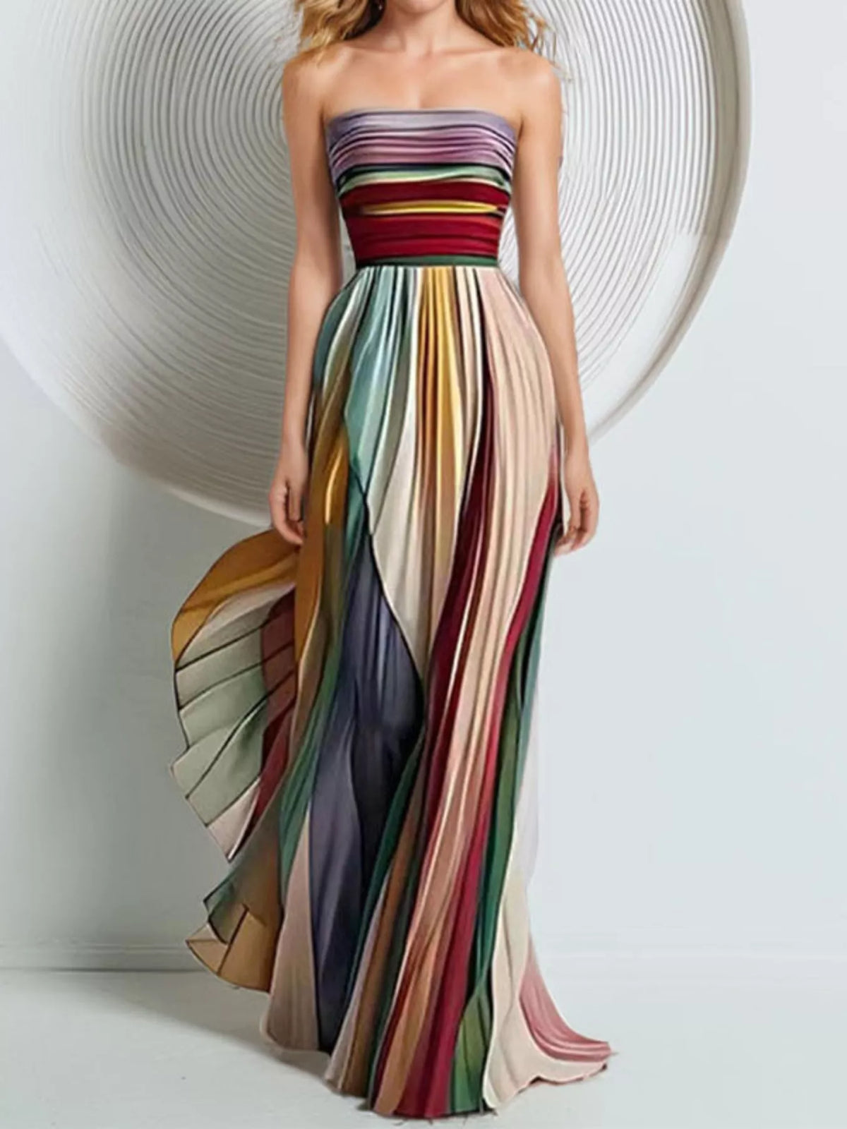 Side view showing the colorful pleated maxi skirt in motion