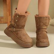 Gray boot side view with buckles and thick sole
