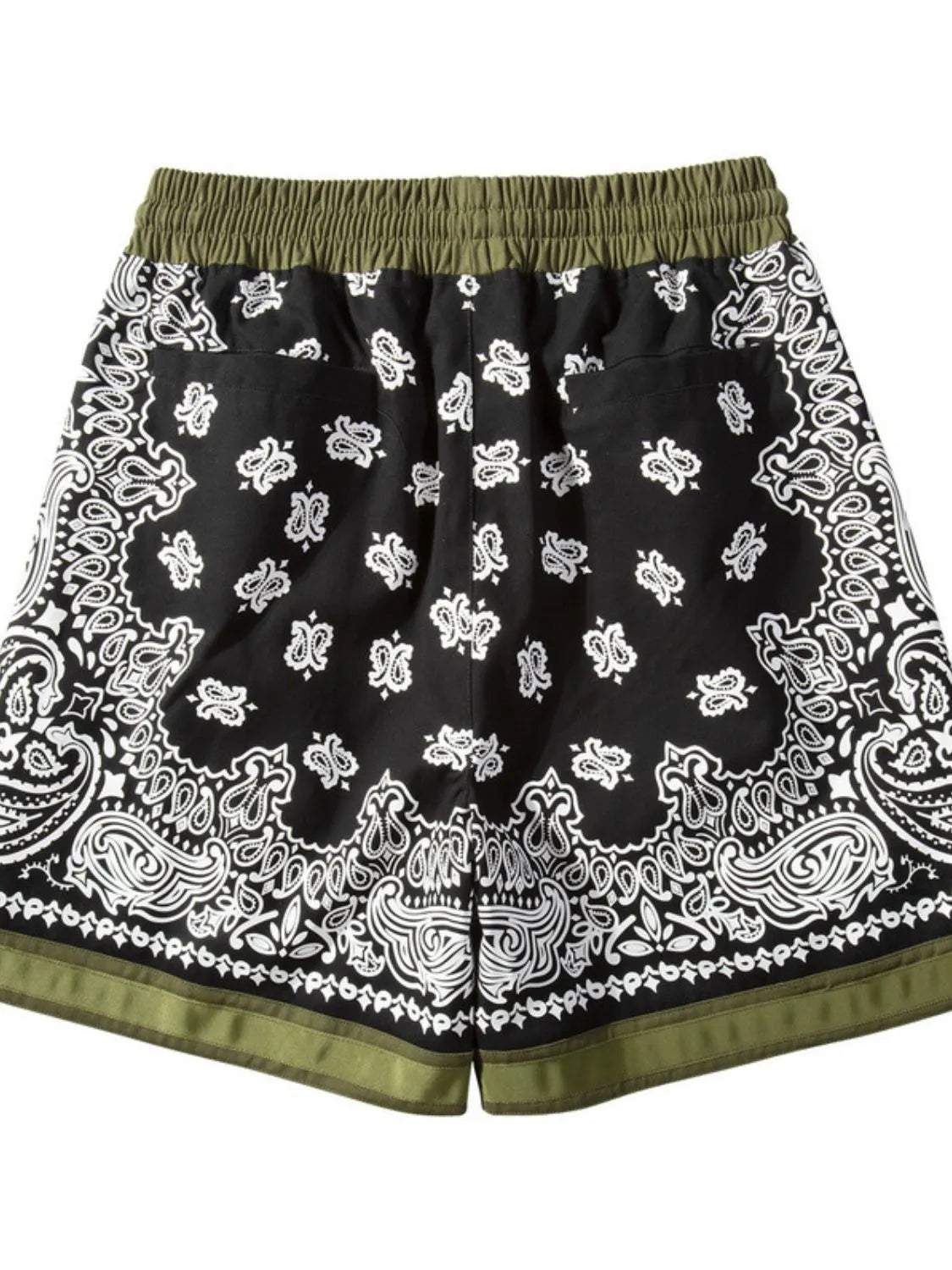 Black floral and paisley shorts, alternate front view