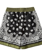Black floral and paisley shorts, alternate front view