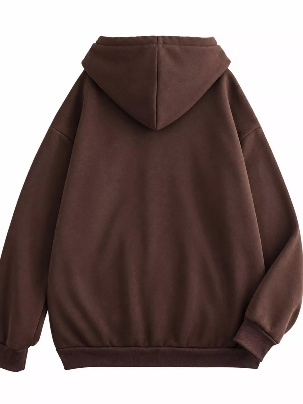 Back view of the brown hoodie with oversized hood and ribbed hem