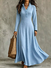 Sky blue V-neck maxi dress with roll-up sleeves, front view