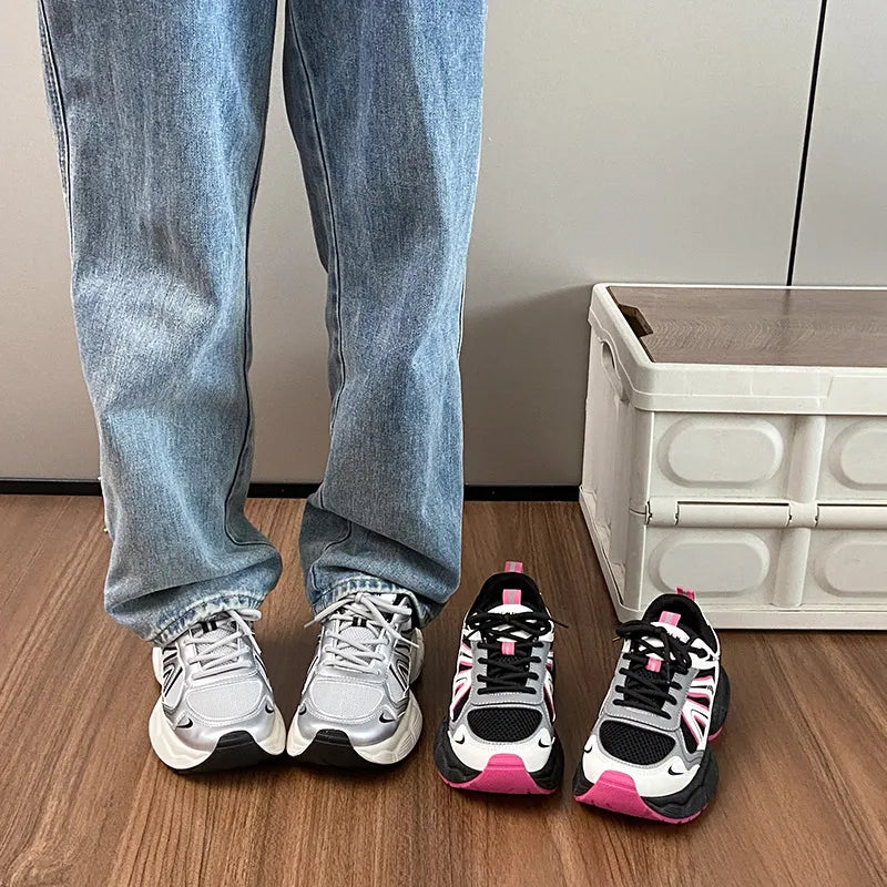 Two colorways of chunky lace-up platform sneakers beside jeans