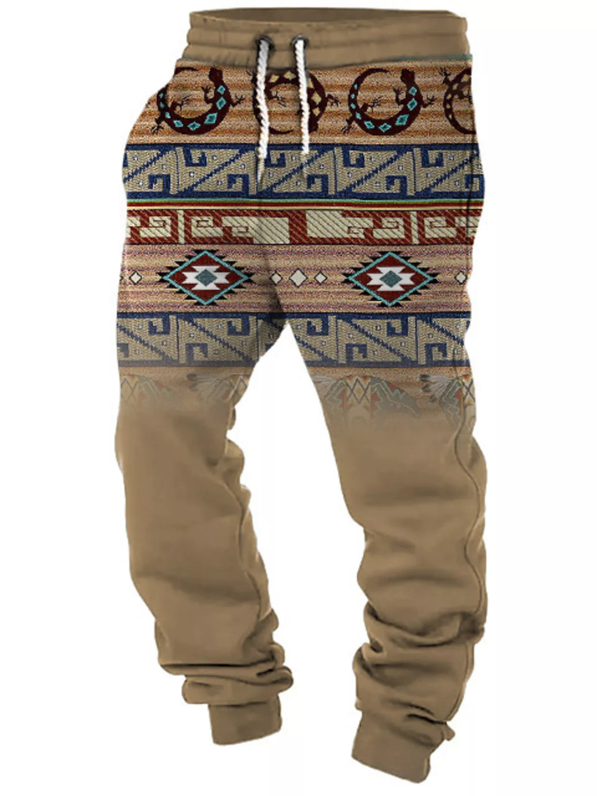 Tan geometric-print drawstring joggers, front view