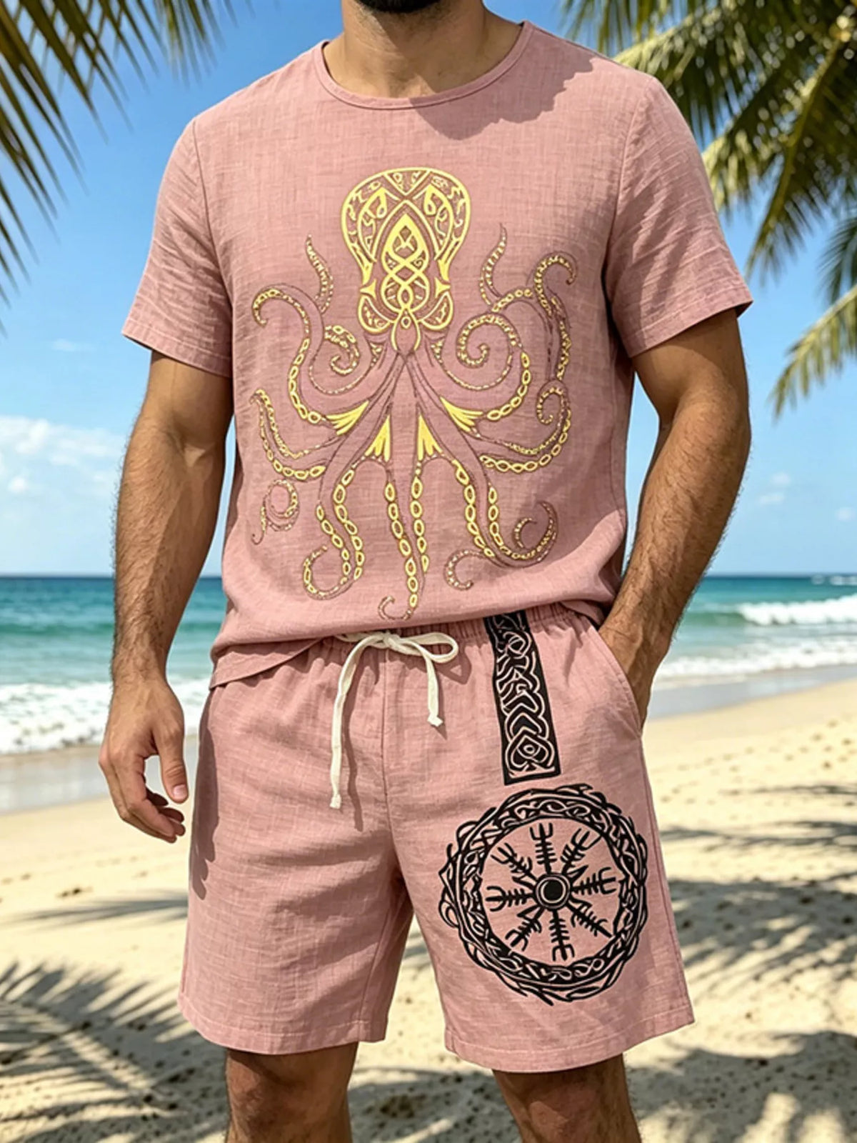 Pink tee and shorts set with a large octopus graphic and circular emblem on the shorts.