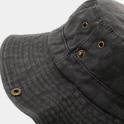 Close-up of metal ventilation eyelets and brim snaps on black hat