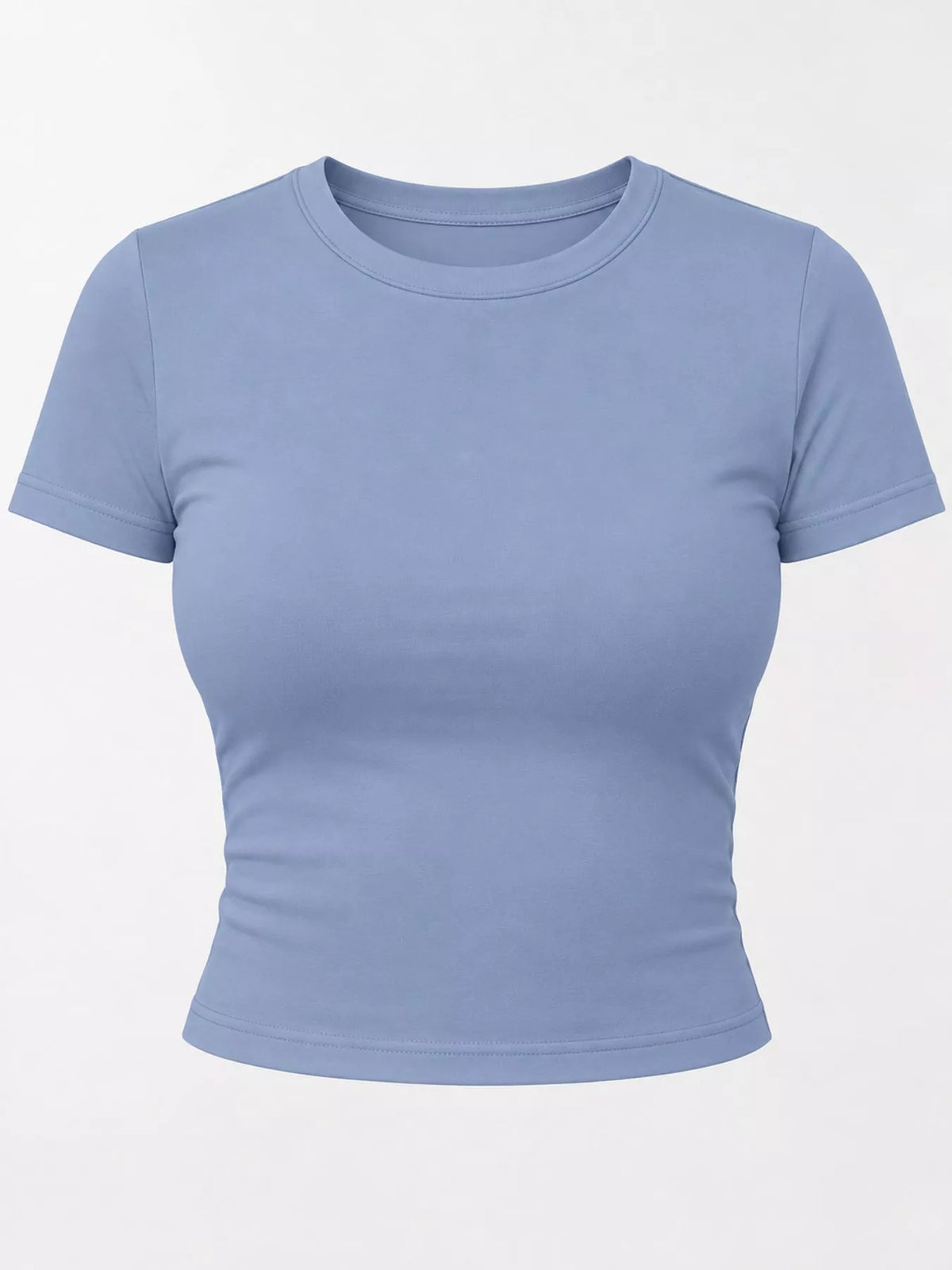 Light blue short-sleeve crew neck crop T-shirt, front product view.