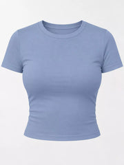 Light blue short-sleeve crew neck crop T-shirt, front product view.