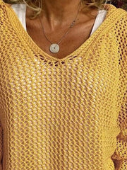 Close-up of the V-neck and open stitch pattern on a mustard yellow knit cover-up.