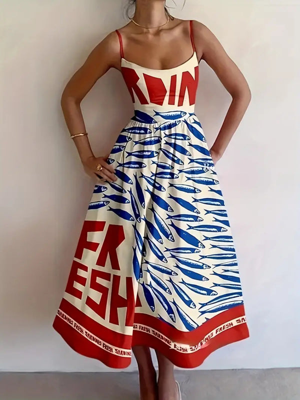 Women's sardine print spaghetti-strap midi dress