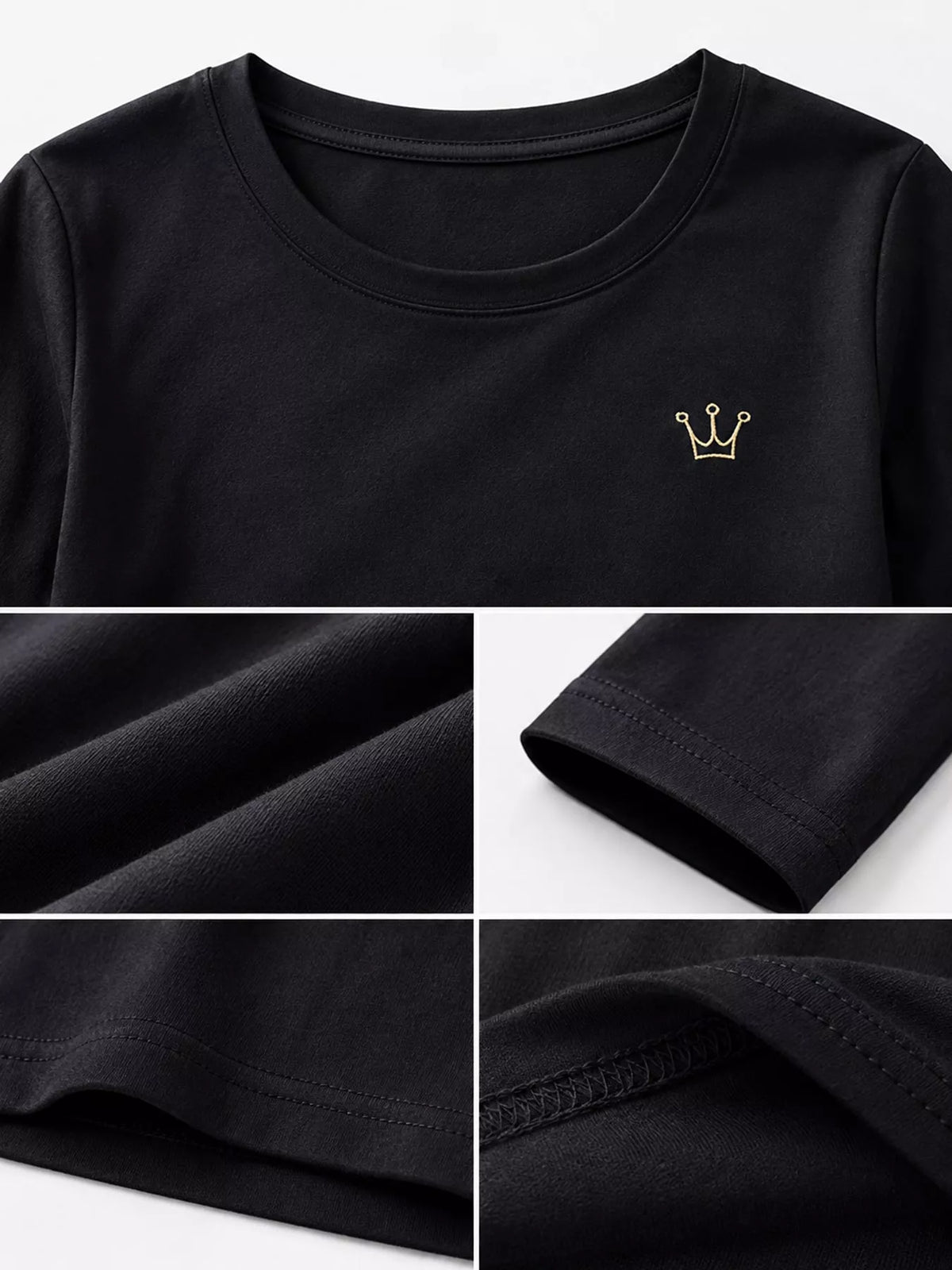 Close-up of crown embroidery and seams on black T-shirt