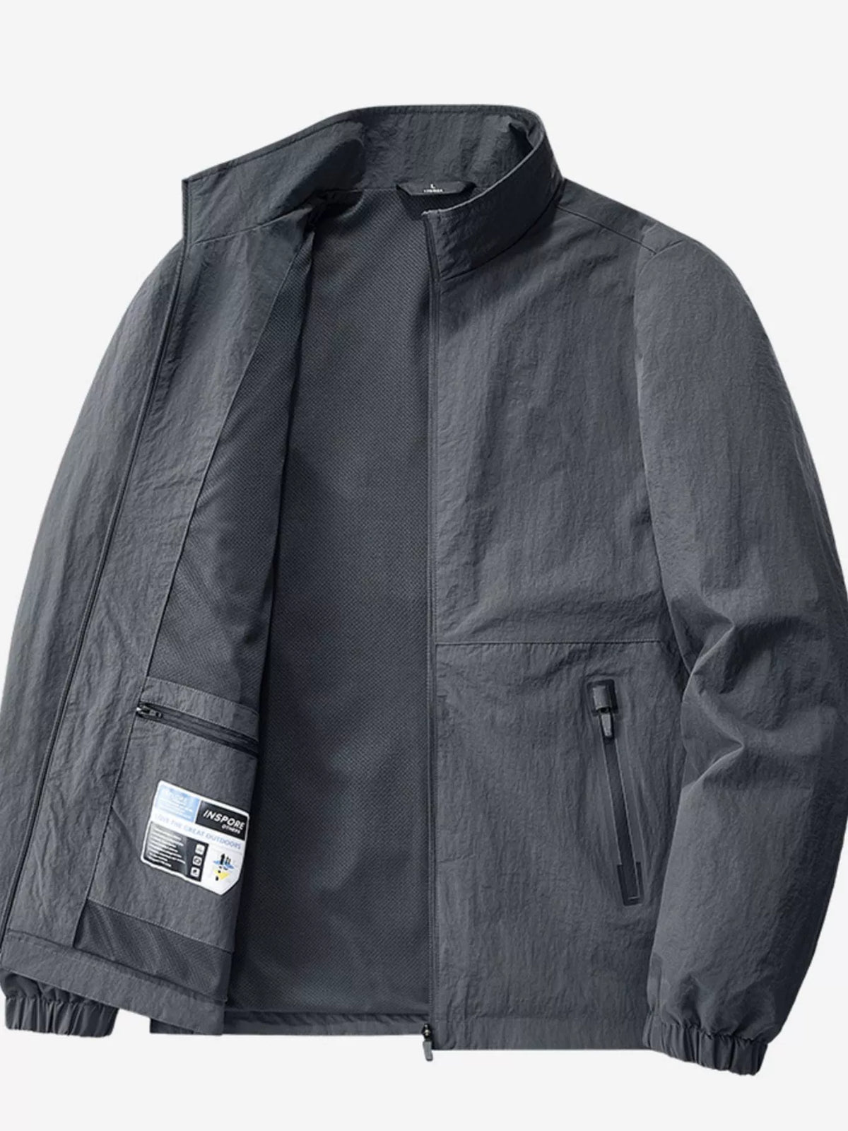 Open charcoal jacket showing the inner pocket and label inside the front panel