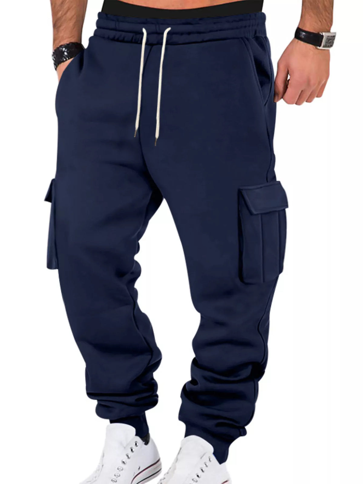 Model wearing navy cargo joggers, front view