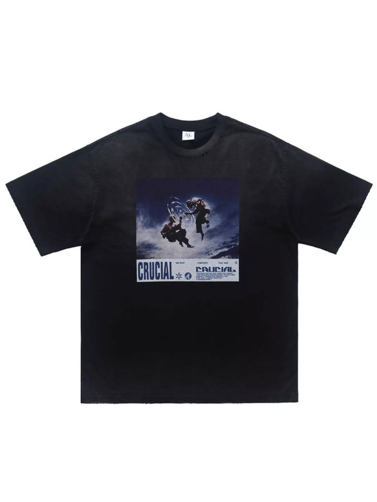 Black graphic T-shirt with blue chest print, flat front view