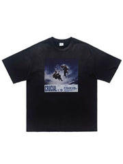 Black graphic T-shirt with blue chest print, flat front view
