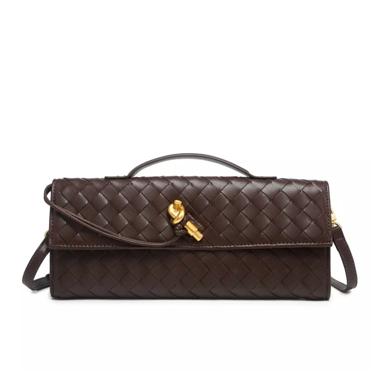 Dark brown woven flap crossbody bag with gold-tone clasp