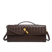 Dark brown woven flap crossbody bag with gold-tone clasp