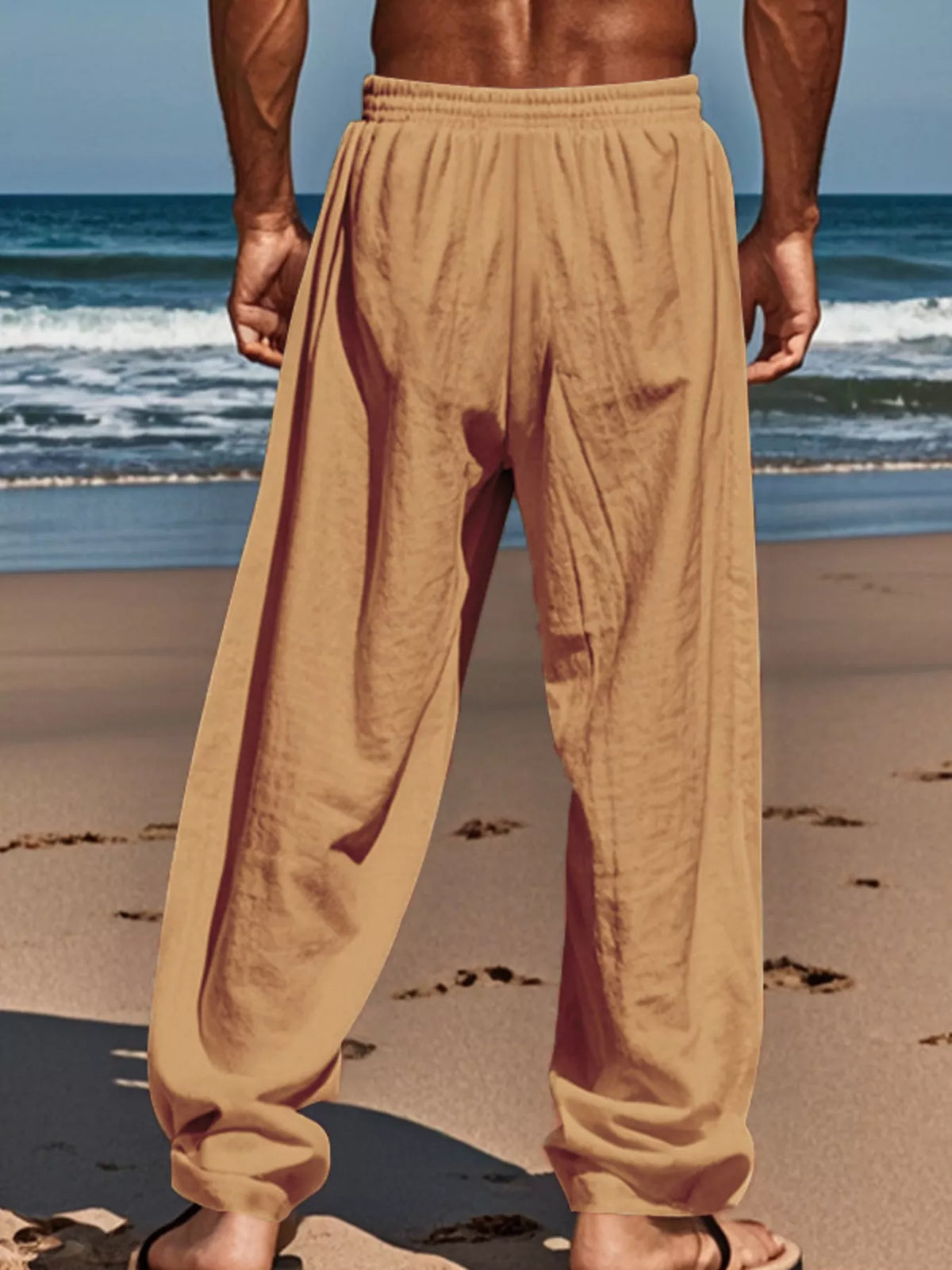 Back view of tan pants worn at the beach