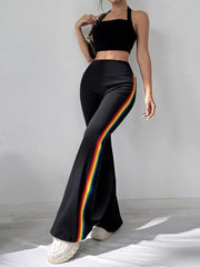 Black rainbow-striped pants, front view