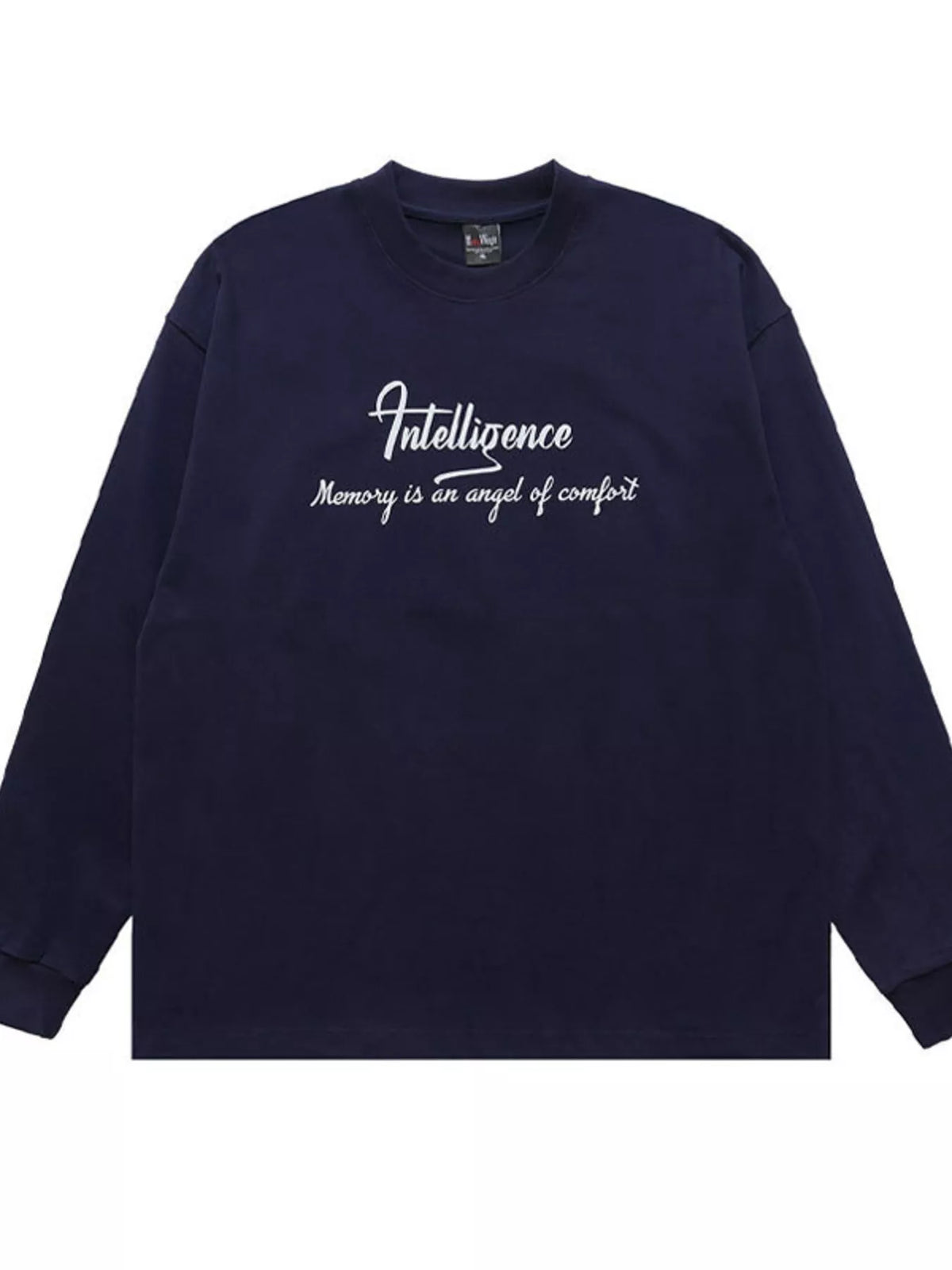 Navy long-sleeve T-shirt showing small cursive lettering across the upper back