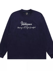 Navy long-sleeve T-shirt showing small cursive lettering across the upper back