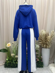Back view of the blue hoodie and white-panel wide-leg pants on a dress form.