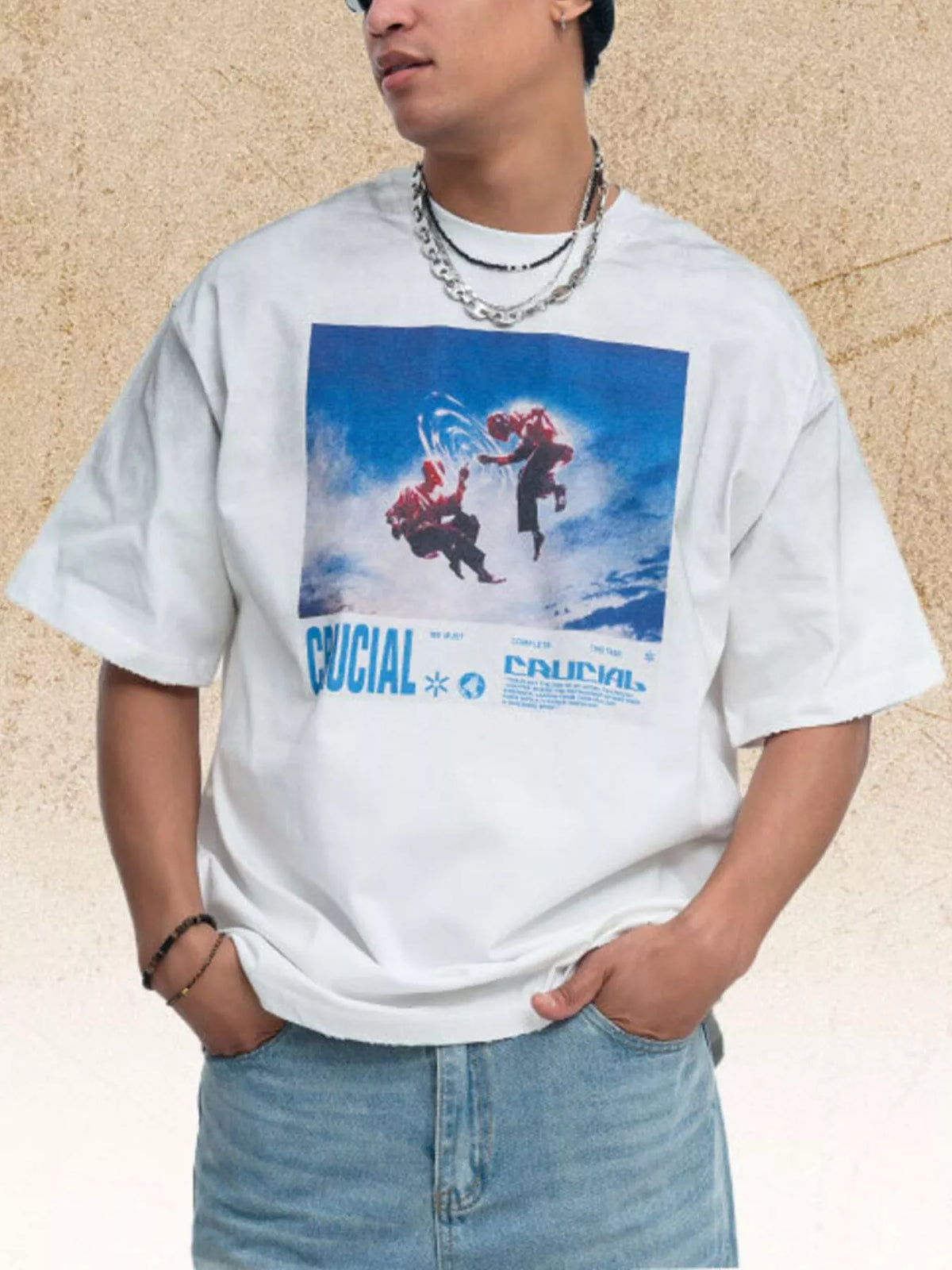 Model wearing white graphic T-shirt, alternate view