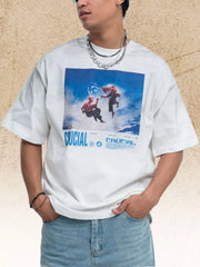 Model wearing white graphic T-shirt, alternate view