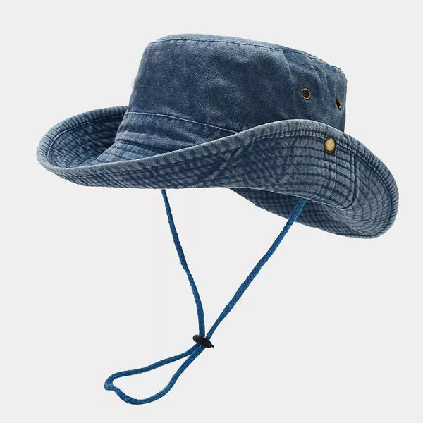 Dark blue wide-brim cotton sun hat shown from the side with chin cord