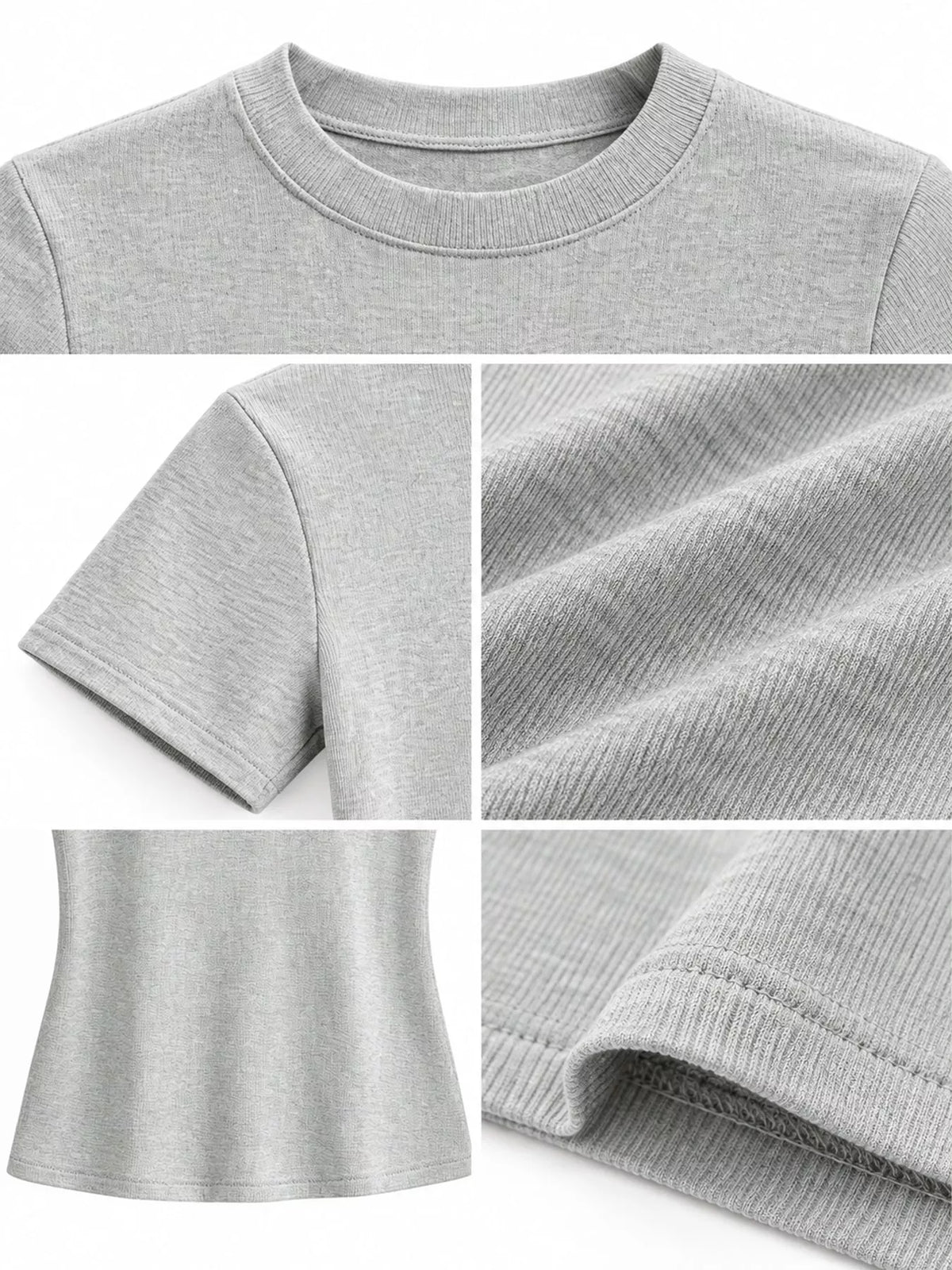 Close-up of the brown T-shirt crew neckline.