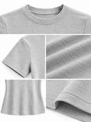 Close-up of the brown T-shirt crew neckline.