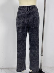 Back product view of wide-leg cargo jeans with two patch pockets