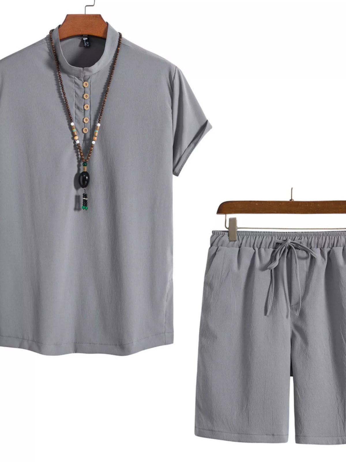 Gray short-sleeve Mandarin collar shirt and matching drawstring shorts with necklace
