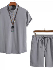 Gray short-sleeve Mandarin collar shirt and matching drawstring shorts with necklace
