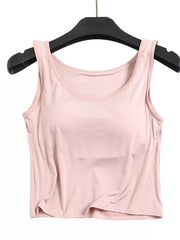 Pink seamless tank top showing square neckline