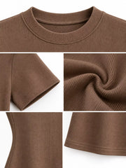 Brown crew neck T-shirt shown from the front with close-up construction details.