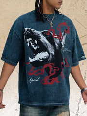 Blue-gray wolf graphic T-shirt shown on a model, close view
