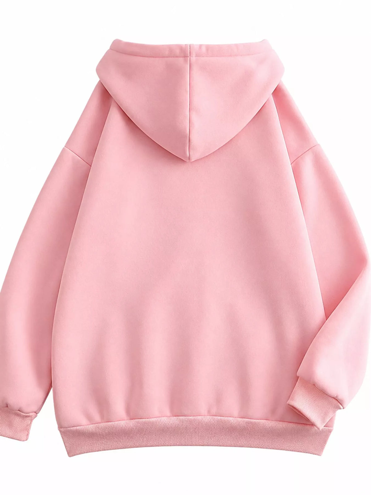 Back view of the pink hoodie with oversized hood and ribbed lower band