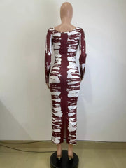 Front mannequin view of wine red and white tie-dye long-sleeve dress