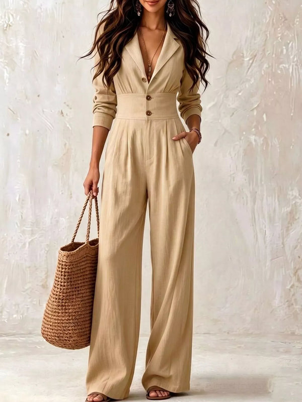Beige lapel-collar wide-leg jumpsuit modeled, front view