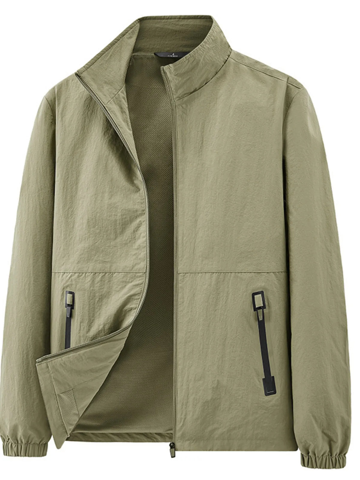 Light olive jacket displayed alone with open front and two zippered pockets