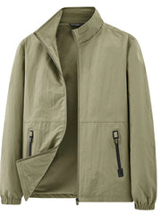 Light olive jacket displayed alone with open front and two zippered pockets