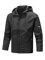 Dark color option of the men's hooded windproof jacket with front zipper and hood
