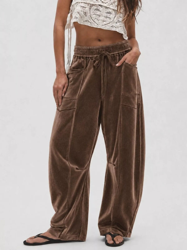 Brown velvet wide-leg pants with a drawstring waist