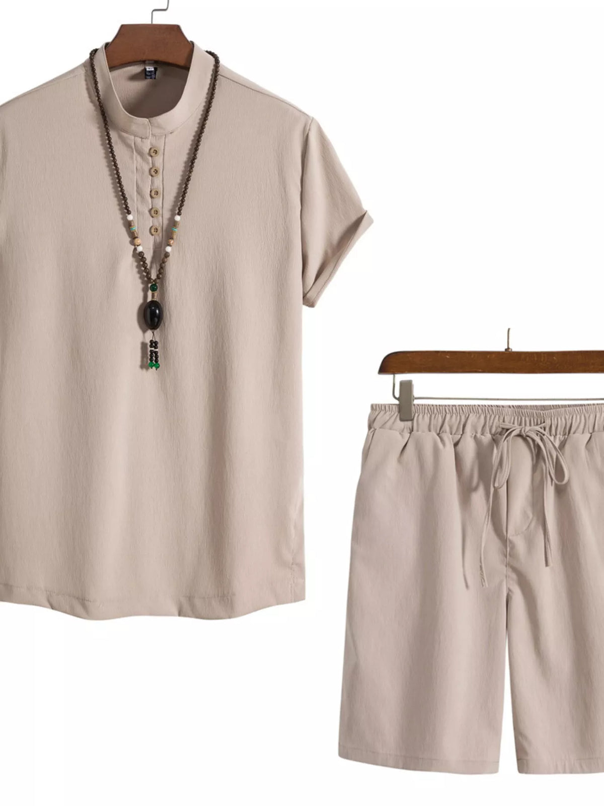 Light beige short-sleeve Mandarin collar shirt and matching drawstring shorts with necklace