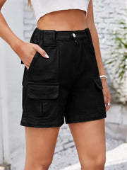 Front view of black washed denim cargo shorts with large pockets.