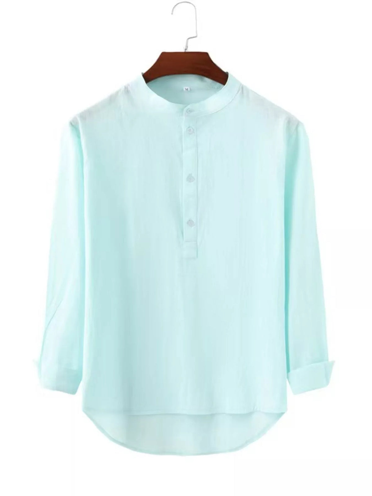 Back view of a pale mint long-sleeve shirt on a hanger