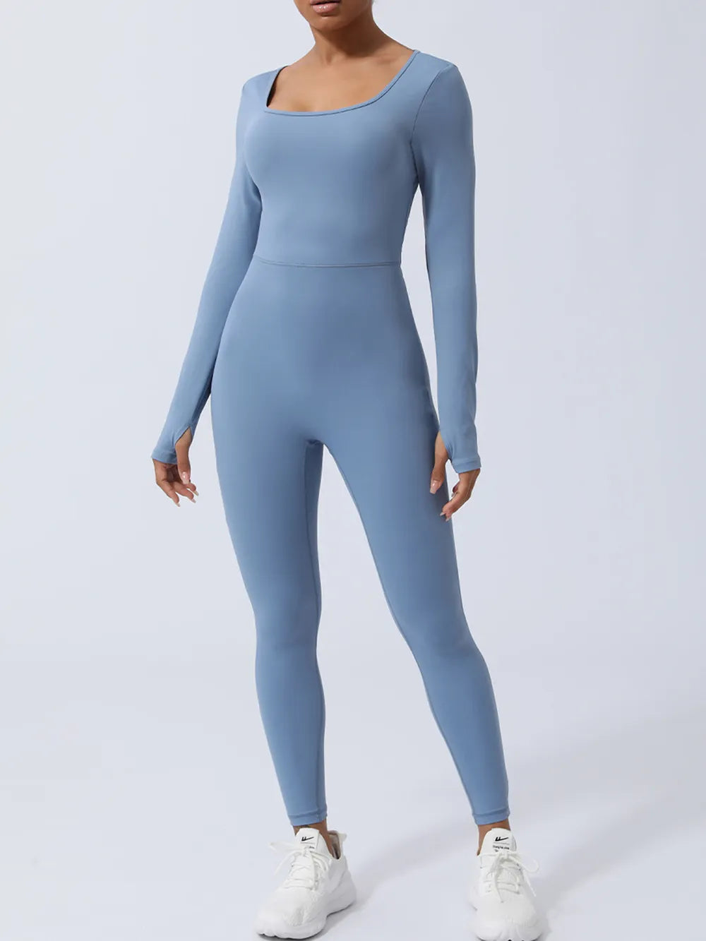 Light blue long-sleeve jumpsuit shown full length